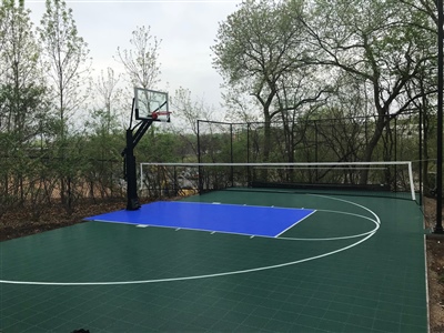 Outdoor multi-sport court with a green surface, featuring a blue rectangular area for basketball. The court includes a basketball hoop and a white volleyball net, surrounded by trees and a fence.