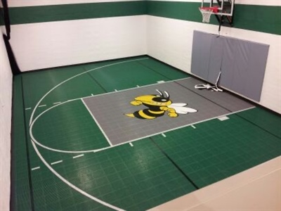 A small indoor basketball court with a green surface, white lines, and white walls, featuring a large bee emblem at the center and a basketball hoop with grey padding behind it in Edina.